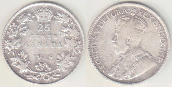 1919 Canada silver 25 Cents A001349